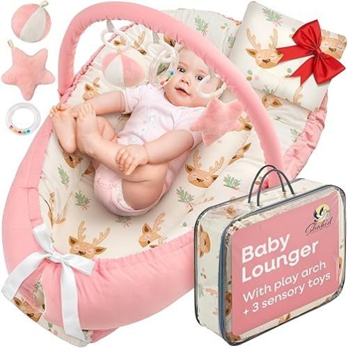 Portable Baby Play Lounger for Supervised Floor Time w/Removable Toy Arch & 3 Toys - Padded Play Area, Breathable Cotton Cover, Travel-Friendly - Awake-Time Only | 0-24 Months (Pink)