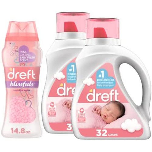 Dreft Stage 1: Newborn Hypoallergenic Liquid Baby Laundry Detergent (HE), 2 Count with Blissfuls In-Wash Scent Booster Beads, Baby Fresh