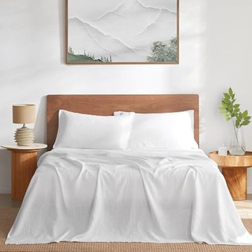 DAPU Pure Linen Sheets Set, 100% French Linen from Normandy, Breathable and Durable for Hot Sleepers, 4 Pcs Set - 1 Flat Sheet, 1 Fitted Sheet, 2 Pillowcases (White, King)