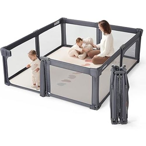 Baby Playpen Portable, Pre-Assembled Play Pen 71x79 Large Foldable Playpen for Babies and Toddlers, Sturdy and Safe Toddler Play Yard Indoor Outdoor with Carry Bag,Dark Grey