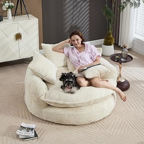 55 inch Oversized Round Chair, Fluffy Chenille Boneless Sofa with Extra Deep Seat for Living Room Lounge (Beige)