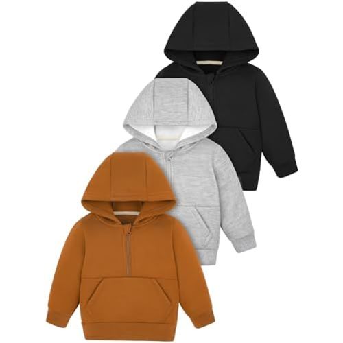 Cooraby 3 Packs Baby and Toddler Boys Long Sleeve Full-Zip Hoodies Infant Fleece Hooded Sweatshirts Jacket with Pouch Pockets
