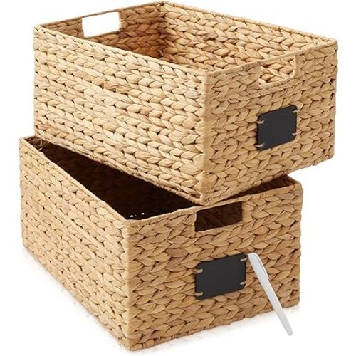 Casafield Set of 2 Water Hyacinth Pantry Baskets, 12-1/2" x 17" x 8", with Chalkboard Labels and Chalk Marker - Natural, Woven Storage Bin Organizers for Kitchen Shelves