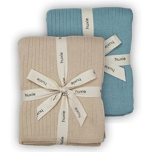 Knitted Organic Cotton Baby Blanket- Swaddle Blanket, 30" x 40" Soft Receiving Blanket for Newborn 2-Pack (Fog and Polar Blue)