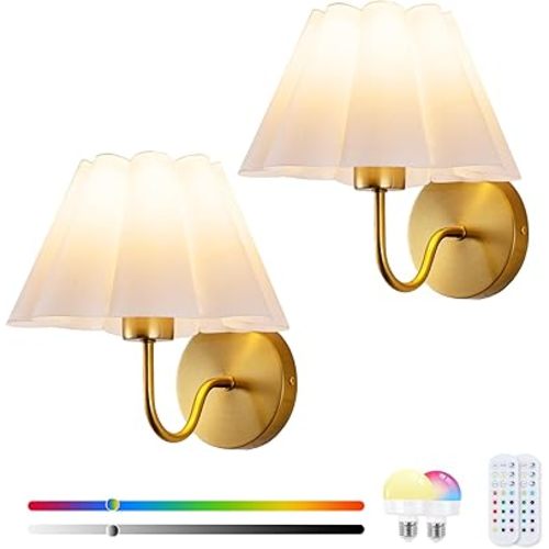 Battery Operated Wall Sconces Sets of 2, Indoor not Hardwired White Fabric lampshade Fixtures,Rechargeable Wireless 10 Colors Wall Lights with Dimmable Remote Control