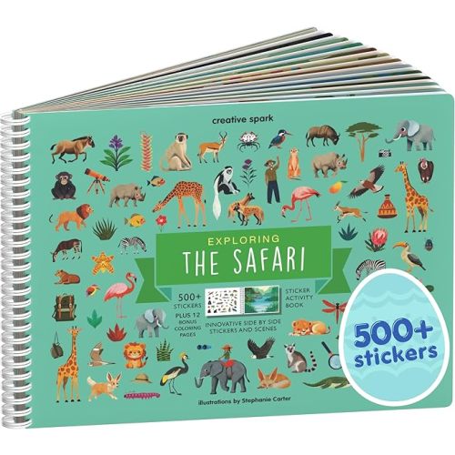 Safari Animals 500+ Kids Sticker Book by Cupkin Toddler Airplane Travel Activity Coloring and Sticker Book, 12 Coloring Pages 12 Scenes for Children's of 2-8 Years, Easter Gifts for Kids