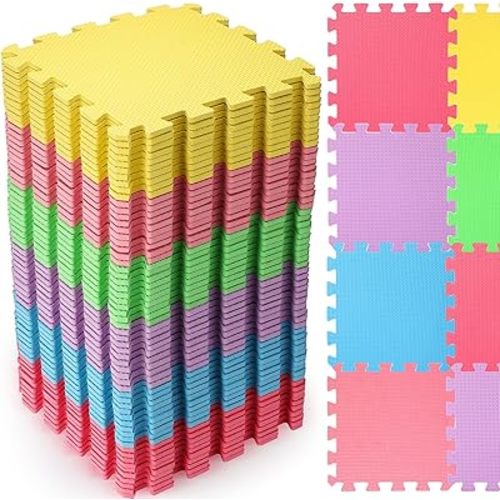 Nuanchu 60 Pcs Kids Foam Puzzle Floor Mat Bulk Solid Color Foam Play Mat with Borders Interlocking Multi Use Floor Rug for Baby Toddler Children Crawling Exercise Playroom 12 inch (Colorful)