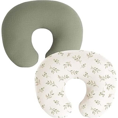 Muslin Nursing Pillow Covers, 2 Pack, Soft & Adorable Slipcovers with Zipper Closure, 100% Cotton Covers for Breastfeeding Pillows (Twig, Grayish Green)