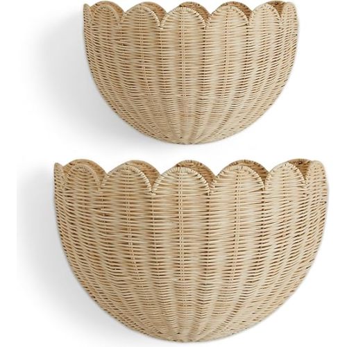 BEBE BASK The Original Scalloped Wicker Wall Basket – Set of 2 – Handwoven Scalloped Wall Baskets (16 x 10 x 7 in), Woven Rattan Wall Hanging Baskets - Natural Scalloped Basket