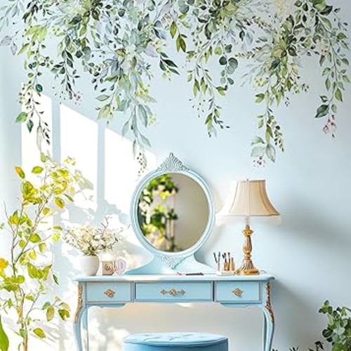 Green Plants Leaves Wall Decals Peel and Stick, Large Floral Flower Leaf Vinyl Wall Stickers, Removable Vine Home Decor Art for Bedroom Living Room Classroom Office