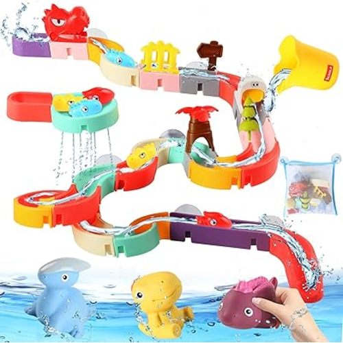 72 PCs Dinosaur Bath Toys DIY Water Slides Toy for Kids Ages 4-8, Bathtub Shower Toys with Rubber Dino Bath Toys for Kids Birthday Gifts