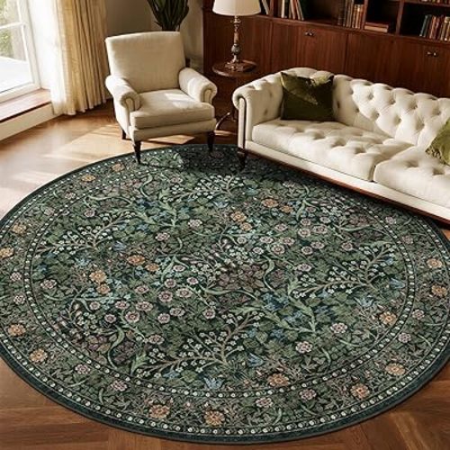 Green Round Rugs 8ft - Soft Washable Boho Floral Bedroom Circle Rug