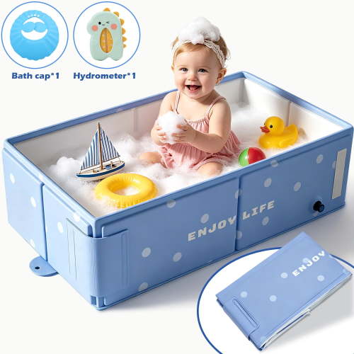 Wonderstone Portable Foldable Bathtub, Rectangle Baby Shower Tub with Drainage Design, Beach Vacation Travel Essentials for 1-3 Kids Toddler (Blue)