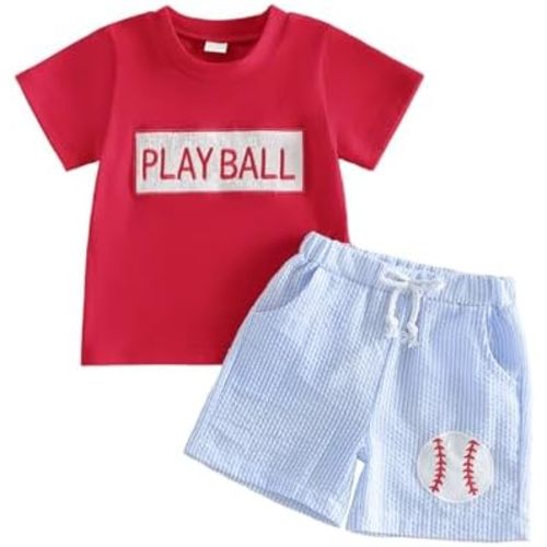 Toddler Baby Boy Summer Outfits Short Sleeve Embroidered T Shirt Tees + Striped/Plaid Shorts Infant Clothes Set