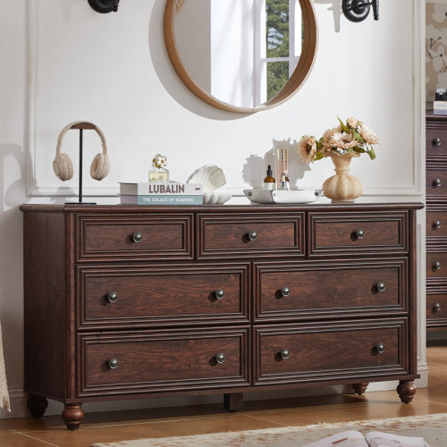 August Grove® 7 Drawers Dresser For Bedroom, Farmhouse 54" Wide Wood Dressers Chest Of Drawers, Vintage Design TV Stand, Rustic Storage Dresser Organizer With Metal Handle Closet For Living Room, Hallway & Reviews | Wayfair