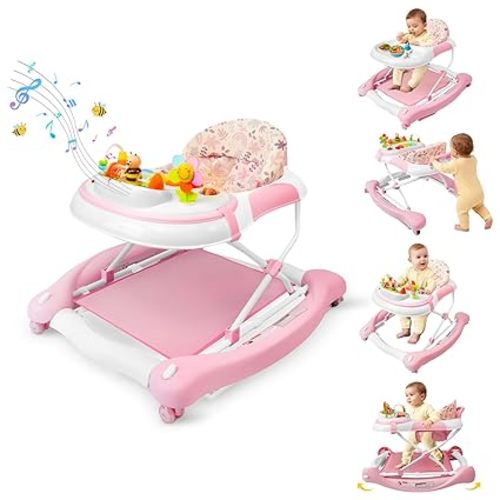 5 in 1 Baby Walker, Music and Lights Walker for Baby Boy Girls 6-12 Months, Foldable Baby Walkers with Wheels and Bouncer Combo Portable, Toddler Infant Walker with Adjustable Height