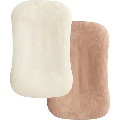 habibee Muslin Baby Lounger Cover 2 Pack, Cotton Baby Lounger Pillow Cover for Newborn, Organic Infant Lounger Cover for Boys and Girls, Beige&Pink