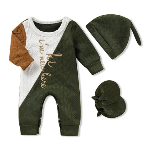GRNSHTS Newborn Baby Boy Romper Coming Home Outfits Letter Print Bodysuit Jumpsuit+Hat+Gloves 3PCS Clothes Set