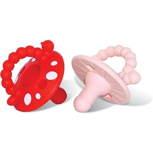 RaZbaby Chompy Silicone Pacifier for Babies 2PK – One-Piece Medical-Grade Soft Silicone Design, BPA-Free, Ergonomic Comfort, Natural Nipple Shape, Easy-Clean Safety - 2 Pack - Red/Blue (Red/Pink)
