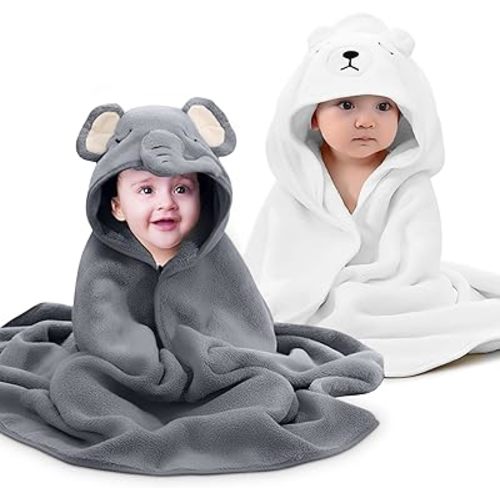 Pack of 2 Large Hooded Baby Towels for New Born- 31.5" x 31.5" Coral Fleece Fabric, Absorbent and Washable Hooded Towels for Kids and Infants- Toallas para Bebe - (Elephant & Bear Style)