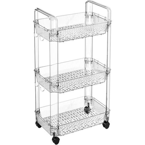 Clear 3 Tier Rolling Utility Cart with Wheels,Modern Bedside Cart for Baby Essentials,Nursery,Diaper Caddy,Baby Supplies,Rolling Storage Carts for Living Room,Bathroom,Kitchen,Book Cart