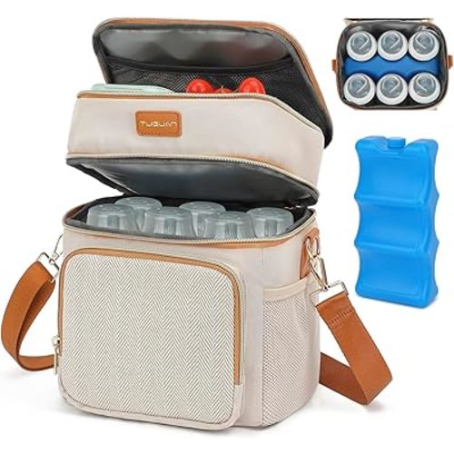 Double Layer Breastmilk Cooler Bag with Ice Pack Insulated Travel Bag for Baby Bottle Breast Milk Storage & Feeding Fits 6 Bottles Up to 9 Ounces Portable Leakproof Bottle Bag for Travel Daycare