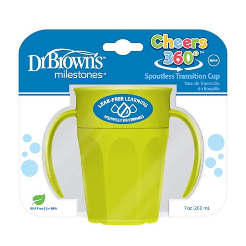 Dr. Brown's Milestones Cheers 360 Spoutless Transition Cup with Handles, Travel Friendly and Leak Free Sippy for Babies and Toddlers, Green, BPA-Free, 7 oz/200 mL, 6m+