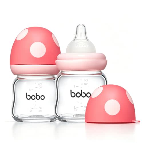YOHKOH Natural Glass Baby Bottle with Level 2 Medium Flow Nipple, Newborn Anti-Colic Baby Bottles, Wide Neck Mushroom Baby Glass Bottle (3.4oz (Pack of 2), Red)
