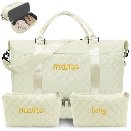 Mama Baby Pregnancy Hospital Bag Essentials for Women Labor Delivery Diaper Organizer with Shoe Compartment,2 Waterproof Toiletry Pouch Travel Duffle Bag for Mommy Weekender Overnight Gym Gifts,Beige