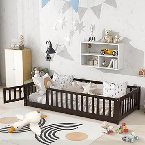 LLS Twin Floor Bed for Kids Solid Wood Montessori Bed Frame with Door & Safety Guardrails Multifunctional Montessori Floor Bed for Toddlers, Slats Support, Easy Assemble, Walnut