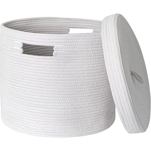 White Basket with Lid, 15” x 13” Woven Blanket Storage for Living Room, Cotton Rope Storage Basket for Toys Towels Shoes, Decorative Kids Toy Bin with Cover, Baby Laundry Basket Hamper