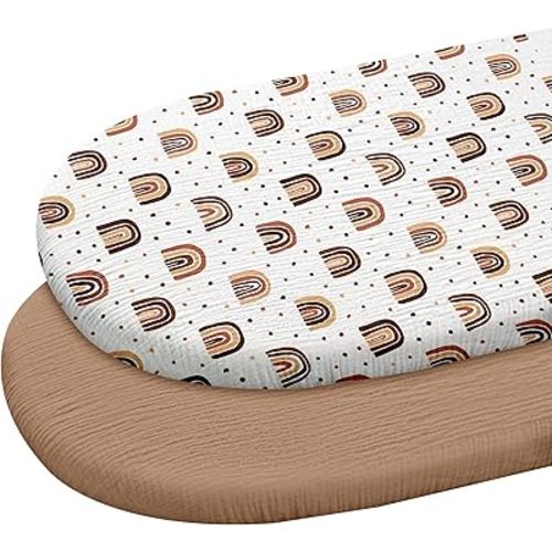 Muslin Bassinet Fitted Sheets, 2 Pack for Baby Boy and Girl, Soft Breathable Stretchy Baby Pad/Mattress Sheet Set, Universal Fit for Hourglass Oval and Rectangle Bassinet Mattress (Cute Rainbow)