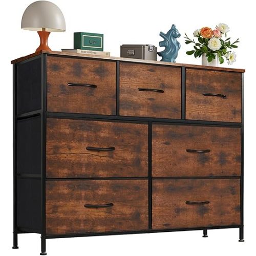 OLIXIS 7 Drawer Dresser for Bedroom, Wide Fabric Storage Tower with Wooden Top and Metal Frame, Closet Chest Organizer Furniture, TV Stand for Living Room Hallway, Rust Brown