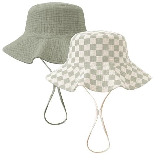 Konssy 2-Pack Muslin Baby Girl Sun Hats with Wide Brim, UPF 50+, 0-6& 6-12M | 100% Cotton Baby Bucket Hat for Sun Protection, Adjustable Chin Strap, Newborns,Infants & Toddlers