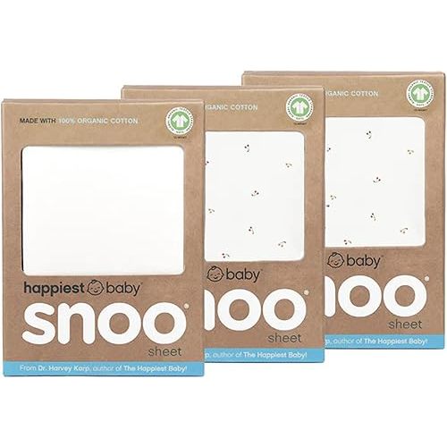 Happiest Baby SNOO Bassinet Fitted Sheet - 100% Organic Cotton Nursery Bedding - Fits SNOO Sleeper Crib Mattress - 3-Pack Bundle (Ivory Cherries (2), Ivory (1))