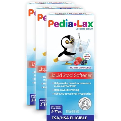 Pedia-Lax Liquid Stool Softener for Kids, Gentle and Gradual Constipation Relief for Children Ages 2-11, Berry Flavor, 4 Fl Oz, Pack of 3