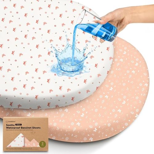 2-pk Waterproof Bassinet Sheets Girls, Boys, Cotton - 33x17 Universal Bassinet Mattress Pad Protector Cover, Compatible with Graco,Baby Delight,Chicco,Halo Bassinest Swivel Sleeper Fitted(Butterflies)