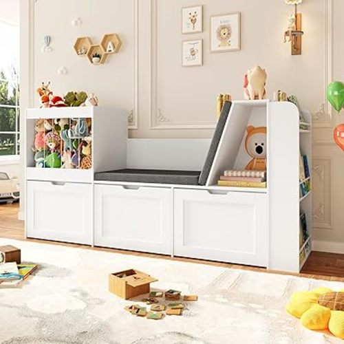 VortinT 66.9" Kids Reading Nook, Toy Storage Organizer with Stuffed Animal Storage, Bench and Removable Cushions, Wooden Toddler Bookshelf with 3 Movable Drawers for Nursery, Playroom (White)
