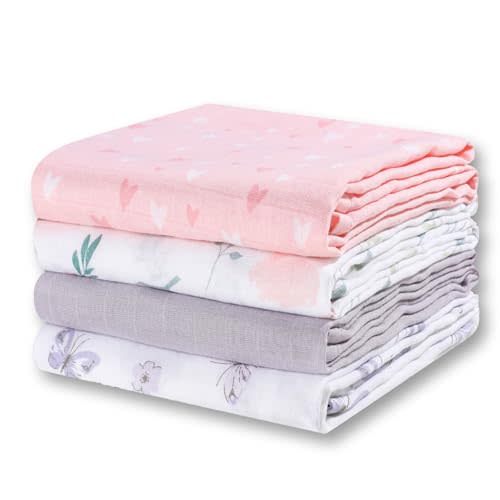Little Grape Land Muslin Swaddle Blankets 47''x47'' 4 Pack, 100% Cotton Large Size Baby Swaddles for Newborn, Soft Breathable Baby Blankets for Newborns, Butterfly&Bunny