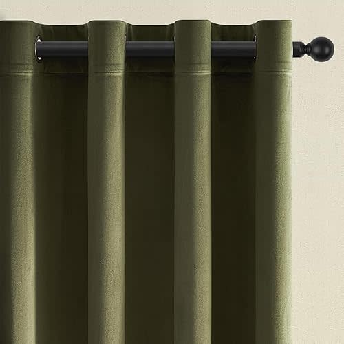 Topfinel Olive Green Velvet Blackout Curtains 84 Inches Long,Soundproof Room Darkening Dark Green Thermal Insulated Boho Elegant Moody Grommet Curtains for Living Room Bedroom 2 Panels