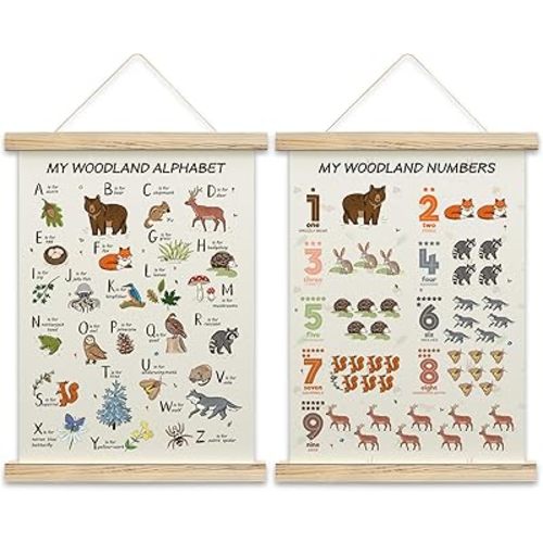 My Woodland Alphabet And Numbers Poster Hanger Frame, Educational Wall Art For Nature Classroom Homeschool, Forest Animal Themed Learning Posters For Kids Toddlers, Nursery Playroom Decor Set of 2, 15