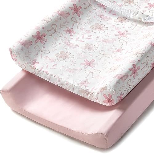 TILLYOU Changing Pad Cover Set in Soft Jersey Material - Fits 32"/34''x16 Contoured Pad for Babies, Pink Flower&Butterfly