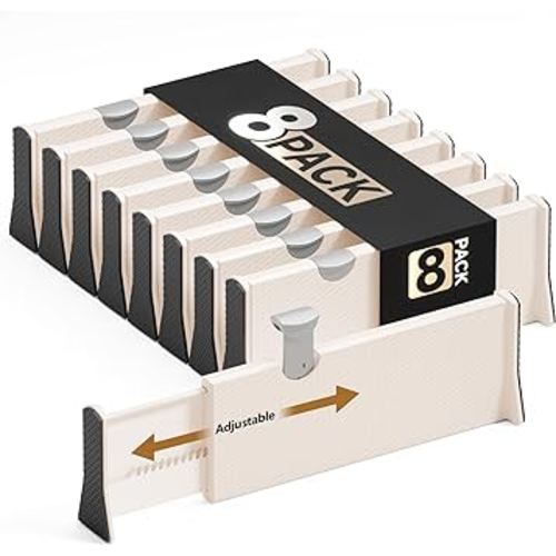 Drawer Dividers Organizer 8 Pack, Adjustable Separators 4" High Expandable from 11-17" for Bedroom, Bathroom, Closet, Clothing, Office, Kitchen (Beige, 8 PACK)