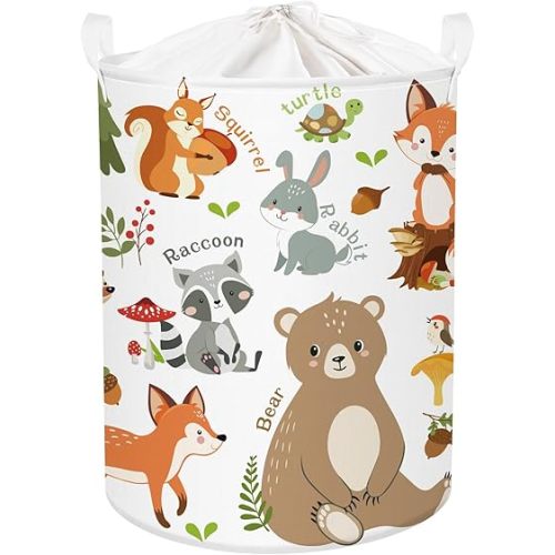 Clastyle Collapsible Words Animals Kid Book Toy Storage Basket Bear Raccoon Clothes Nursery Hamper for Bedroom Bathroom, Red Fox 45L
