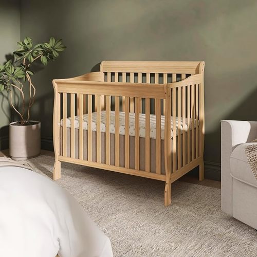 Dream On Me Aden 4-in-1 Convertible Mini Baby Crib in Natural, GreenGuard Gold & JPMA, Sustainable Pinewood, Non-Toxic Finish, 3 Mattress Heights, Converts to Mini Day & Twin-Size Bed