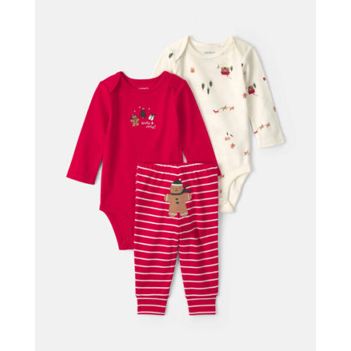 Baby Boy 3-Piece Gingerbread Long-Sleeve Bodysuit & Pant Set - Red/Cream | Carter's