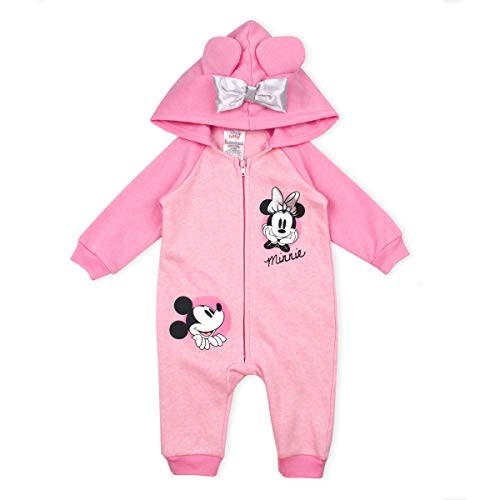 Disney Girl's Minnie Mouse Footed Coverall Bodysuit Creeper with Hood and 3D Mouse Ears