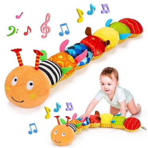 Baby Sensory Caterpillar Toys 0-3 Month Music Animal Stuffed Plush Toy for Infant 0-3-6-12 Month Tummy Time with Crinkle Rattle for Newborn 9-12 Month Toy for Boy Girl Birthday Shower Gifts Orange