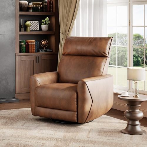 Power Recliner Chair, 270° Swivel Glider with USB Charging Port, Large PU Leather Seat, Wide 22.4", Ergonomic High Back for Living Room, Nursery (Power Walnut)