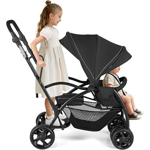BABY JOY Sit and Stand Stroller, Foldable Double Stroller with Standing Platform, Adjustable Handlebar/Canopy/Backrest/Footrest, Safety Harness & Storage Basket for Infant and Toddler (Black)